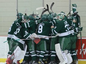 The Sherwood Park Crusaders celebrated their biggest win of the season on Friday on home ice, defeating the league-leading Brooks Bandits 3-2 in overtime. Photo courtesy Target Photography