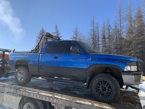 A stolen pickup truck with fraudulent vehicle identification numbers recovered by RCMP on a rural property in Cold Lake North. PHOTO BY RCMP