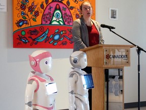Dr. Anna-Liisa Mottonen talks about her pilot project connecting the robots Mork and Mindy with older residents in the region, Monday, at Canadore College's The Village.
PJ Wilson/The Nugget