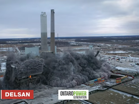 Screen shot of video from implosion at the former Lambton Generating Station provided by Ontario Power Generation.