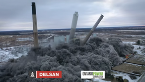 Screen shot of video from implosion at the former Lambton Generating Station provided by Ontario Power Generation.