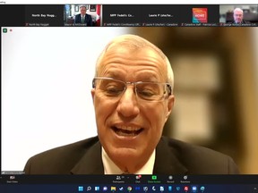 Nipissing MPP Vic Fedeli announces $4 million in funding for Nipissing University and Canadore College, Tuesday.
Screen capture