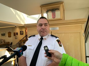 Deputy Police Chief Michael Daze speaks to local media Tuesday about the North Bay Police Service’s 2022 budget. The police board voted in favour of increasing the budget by 4.47 per cent - almost $1 million - this year.

Jennifer Hamilton-McCharles, The Nugget