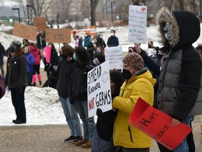 Students in favour of wearing masks in school held a rally near the Alberta Legislature in Edmonton on February 14, 2022. Photo by ED KAISER / Postmedia.