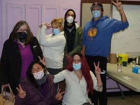 Marlene Elder, Shanalee Paulson, Timmy Kent, Mitch Landon, Vera Clarke and Miranda Elder were all smiles (beneath their masks, of course) at Kenora Moving Forward's CommUNITY warming space on Valentine's Day, spreading the love in addition to the usual meals and cheer.