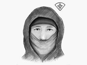 Handout/Cornwall Standard-Freeholder/Postmedia Network
OPP sketch of suspect in the theft of a pickup truck with plow attached from a Cornwall street on Feb. 4, 2022.