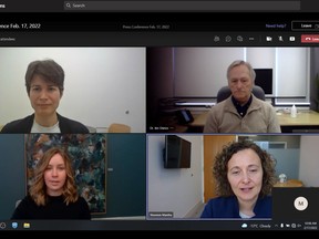 Dr. Carol Zimbalatti, upper left, Dr. Jim Chirico, Alex McDermid and Shannon Mantha address local media on the COVID-19 situation, Thursday.
Screen capture