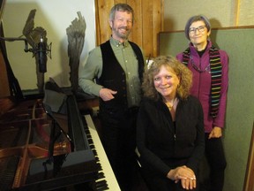 The musical group What Fun!, Christopher Cameron, Lynn C. Bilton and  Marie-Lynn Hammond, pose for a photo inside the Northumberland Music Studio / Studio 29, in Warkworth while they record their song "Spread the Word" in anticipation of the 2022  Northumberland Festival of the Arts. Submitted.