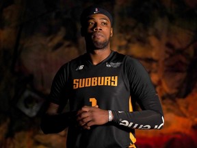 Sudbury Five guard Jaylen Bland poses for a promotional photo during the team's 2022 media day.