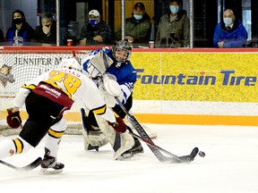 Greater Sudbury Cubs goalie Jake Marois fires the puck past the outstretched stick of Timmins Rock forward Liam Wells during the first period of Monday afternoon’s NOJHL contest at the McIntyre Arena. The Cubs went on to double up the Rock 6-3 in the conclusion of their three-game weekend road trip.