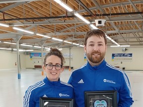 Bobby Ray and Mackenzie Daley of the North Bay Granite Club show off their hardware following their championship win at the Provincial Mixed Doubles last weekend in New Liskeard.

Submitted Photo
