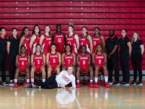 Gabrielle Schwabe, foreground, poses for a photo with the Canadian women's basketball team during her Canada Basketball internship in summer 2019, which led to a full-time position as woman’s high performance assistant. Schwabe now serves as co-ordinator of women's basketball operations.