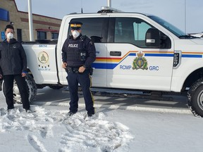 Maskwacis RCMP Cpl. Holly Porterfield (Maskwacis Community Policing) and Acting Cpl. Ron Piche (Watch Commander) with the new design.