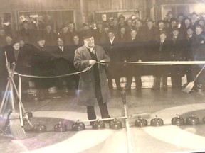 A photo of the ribbon cutting ceremony in 1947 for first game on artificial ice at the old location of the Pembroke Curling Club at the corner of Lake and Victoria Streets in downtown Pembroke. Photo courtesy of the Pembroke Curling Centre