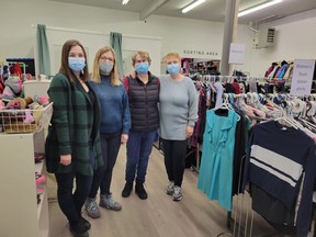 From left: Makayla Graham, Hilda Hildebrand, Janie Dargatz, and Claudia Chernesky, during a volunteer shift at the Jireh Centre, February 16. (Dillon Giancola)