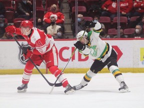 Soo Greyhounds centre Owen Allard battles with London Knights centre Camaryn Baber during the first period of OHL action at the GFL Memorial Gardens on Friday night. Allard scored two goals in the first period in the Hounds 6-3 win over the Knights.