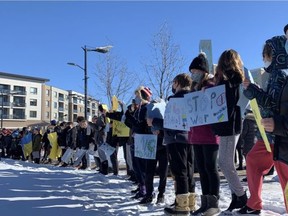 There was a moving show of support for Ukraine from Strathcona County and St. Theresa's Catholic School on Friday, Feb. 25. Lindsay Morey/News Staff