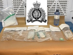 In addition to the bear spray and large machete, the local Crime Reduction Unit seized 64.3 grams of meth, 10.4 grams of cocaine and 500 ml of GHB following a Feb. 24 traffic stop. Photo Supplied