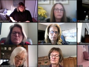 Shirley Roebuck, chair of the Chatham-Kent, Sarnia-Lambton and Wallaceburg-Walpole Island health coalitions, top-left, hosts a press conference over Zoom about a campaign against health care privatization in Ontario Feb. 28, 2022. (Screenshot)