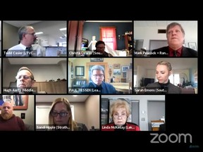 Mark Peacock, chief administrative officer for the Lower Thames Valley Conservation Authority, top right, speaks to the board about the 2022 budget during the organization's annual general meeting, held virtually Feb. 24, 2022. (Screenshot/YouTube)