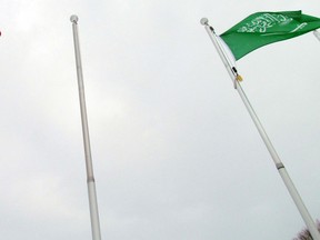 The pole that once flew the Russian flag in front of the Ron Irwin Civic Centre is empty Sunday morning. Left is the flag of Romania and far right is Saudi Arabi’s flag. JEFFREY OUGLER/POSTMEDIA