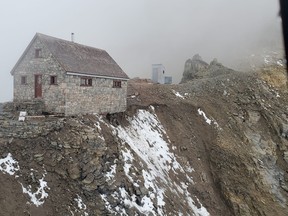 Abbot Pass Hut impacted by slope erosion. Taken September 2021. Image credit: Parks Canada