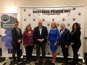 Pictured L-R: Bill Walker (MPP, Bruce-Grey-Owen Sound), Lisa Thompson (MPP, Huron-Bruce), Hon. Todd Smith (Minister of Energy), Jenny Alfandary (President & CEO, Westario Power Inc.), George Bridge (Board Chair, Westario Power Inc.), Teresa Sarkesian (President & CEO, EDA)on Friday, February 25. SUBMITTED
