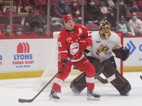 Soo Greyhounds forward Cole MacKay occupies space in front of Sarnia Sting goalie Ben Gaudreau during the first period of Friday night's game at the GFL Memorial Gardens. Gaudreau stopped 45 shots as the Sting won 3-0 over the Hounds in OHL action.