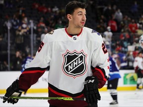 Jordan Kyrou of the St. Louis Blues looks on during warmups before the start of the 2022 NHL All-Star Game at T-Mobile Arena on Feb. 5, 2022, in Las Vegas, Nev. (Photo by Ethan Miller/Getty Images)