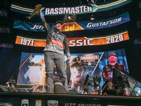 Jeff Gustafson with a nice bass from his first Bassmaster Classic in 2020. He is hoping for a good event this week in South Carolina.