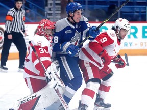 Former Greyhounds forward Marc Boudreau battles for position with Robert Calisti and goalie Tucker Tynan of the Soo Greyhounds  during Sunday-afternoon OHL action at Sudbury Community Arena. The Hounds defeated the Wolves 6-3.