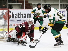 St. Thomas Stars' Connor Snedden (19) shoots on Chatham Maroons goalie Nolan DeKoning in the second period at Chatham Memorial Arena in Chatham, Ont., on Sunday, Feb. 6, 2022. Mark Malone/Chatham Daily News/Postmedia Network