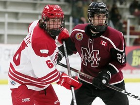Leamington Flyers' Luka Milosevic, left, battles Chatham Maroons' Owen Sculthorp at Chatham Memorial Arena in Chatham, Ont., on Saturday, Feb. 12, 2022. Mark Malone/Chatham Daily News/Postmedia Network