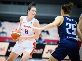 Canada's Bridget Carleton plays against Bosnia and Herzegovina at a FIBA Women’s Basketball World Cup qualifying tournament in Osaka, Japan, on Saturday, Feb. 12, 2022. (FIBA Photo)