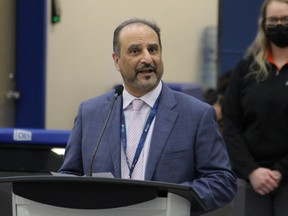 Jatinder "Jay" Notay, Keyano CEO and president, at a ceremony at the college's Syncrude Sports and Wellness Centre on Friday, February 20, 2022. Vincent McDermott/Fort McMurray Today/Postmedia Network