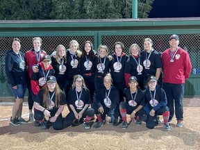 The U19 Fort Saskatchewan Sliders pose after earning silver in the 2021 girls fastball provincials. Photo supplied.