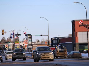 Traffic on Franklin Avenue by Peter Pond Mall in downtown Fort McMurray on Sunday, March 6, 2022. Vincent McDermott/Fort McMurray Today/Postmedia Network