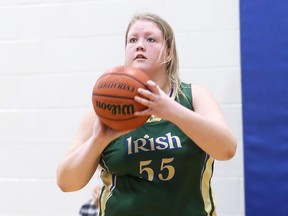 Mackenzie Hacker of the St. Patrick's Fighting Irish shoots against the Ursuline Lancers during the LKSSAA senior girls' basketball AAA championship at Ursuline College Chatham in Chatham, Ont., on Thursday, Nov. 18, 2021. Mark Malone/Chatham Daily News/Postmedia Network