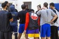 London Lightning head coach Doug Plumb talks to the team during a practice at the Central Y in London. (Mike Hensen/The London Free Press)