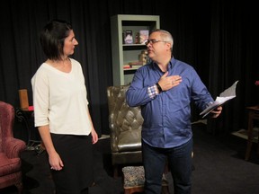 Heather Weitzel as Lucy Hopperstaad and David Pesquino as David Kilbride star in the London Community Players' production of Norm Foster's On a First Name Basis, on at the Palace Theatre's Procunier Hall from Thursday to Sunday.