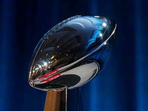 Jan 29, 2020; Miami, Florida, USA; Vince Lombardi Trophy on display during a press conference before Super Bowl LIV at Hilton Downtown. Kirby Lee-USA TODAY/File Photo