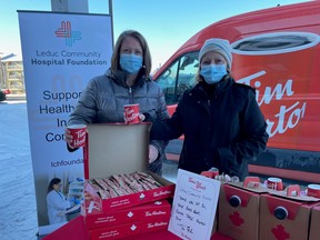 The Tims for Good truck visited the Leduc Community Hospital this week to donate coffee and baked goods to thank frontline staff. (Leduc Community Hospital Foundation)