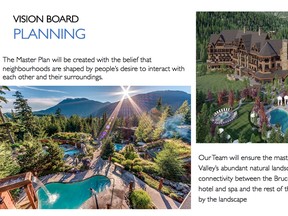 A screenshot from Westway Capital's presentation the Grey Highlands council in May, 2021, shows its planning vision board complete with digital renderings of a sprawling resort.