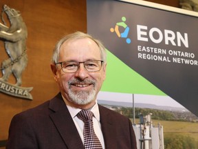 Eastern Ontario Regional Network team member Jim Pine, who's also the chief administrative officer of Hastings County, stands in the county council chamber in March 2021 prior to the announcement of the EORN's deal with Rogers Communications Inc. The company is now upgrading 300 wireless communications towers in the region and planning to build 300 more.