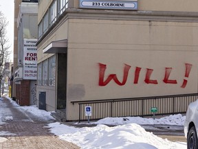 A 20-year-old Brantford man is charged with 27 counts of mischief under $5,000 for spray painting graffiti downtown. A police spokesperson said "Will" was painted on the walls of multiple buildings in the city's core, including at 233 Colborne St. (above), the rear of the Salvation Army hostel on Dalhousie Street, and a newly constructed condominium complex at 1 Wellington St. The man was arrested near Darling and Bridge streets on Jan, 27. Police thanked Brant-Brantford Crime Stoppers and local citizens for information that led to the man's arrest. Brian Thompson