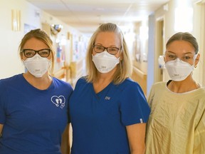 Liz Almeida (centre), a registered nurse in the neonatal intensive care unit at Brantford General Hospital, poses with her clinical manager, Angie Fraser, (left) and daughter Olivia Almeida), who has recently joined the Brant Community Healthcare System as a COVID screener.