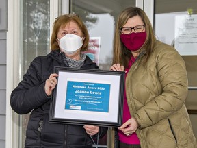 Joanne Lewis (left) was presented with a Kindness Award on Thursday, Random Acts of Kindness Day by Brant Community Foundation executive director Anne Marie Peirce. Lewis is the foundation's former executive director. Brian Thompson/Brantford Expositor/Postmedia Network