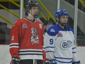 Forwards Ethan Wooller (left) of Brockville and Brayden Davidson of Perth prepare for the opening faceoff at the Tikis-Blue Wings game at the Memorial Centre on Wednesday night. Wooller had a four-point night and was named second star in Brockville's 7-5 victory to open 2022 after an extended holiday break.
Tim Ruhnke/The Recorder and Times