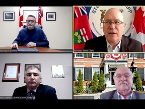 Minister of Long-Term Care, Paul Calandra, top left, along with Steve Clark, MPP for Leeds-Grenville-Thousand Islands and Rideau Lakes, Brett Gibson, bottom left, owner of Carveth Care Centre and Gananoque Mayor Ted Lojko joined virtually for an announcement for the local long-term care centre on Friday afternoon.