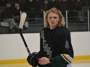 Westport defenceman Michael Bernier lines up for the anthem at Centre 76 in early December. The Rideaus will be back in Athens to take on the Aeros Tuesday night. File photo/The Recorder and Times
